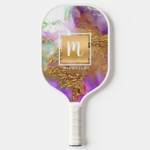 Monogram Marble Watercolor Gold Foil Purple Pink Pickleball Paddle