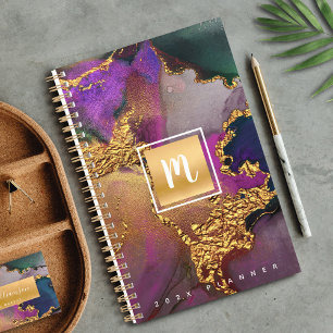 Monogram marble watercolor gold purple blue script planner