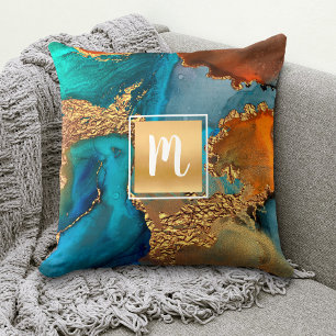 Monogram marble watercolor gold turquoise orange cushion