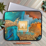 Monogram marble watercolor gold turquoise orange laptop sleeve<br><div class="desc">A sparkly, faux gold foil square with a script typography monogram initial overlays a rich, gold veined, turquoise blue, and yellow orange watercolor background on this elegant, trendy, girly, monogramed neoprene laptop sleeve. Makes a fun and stylish statement every time you use it. This laptop sleeve comes in three sizes:...</div>