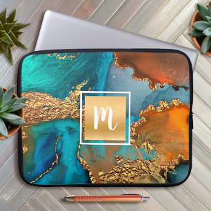 Monogram marble watercolor gold turquoise orange laptop sleeve