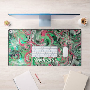 Monogram Marble Whimsical Cute Green Red Abstract Desk Mat