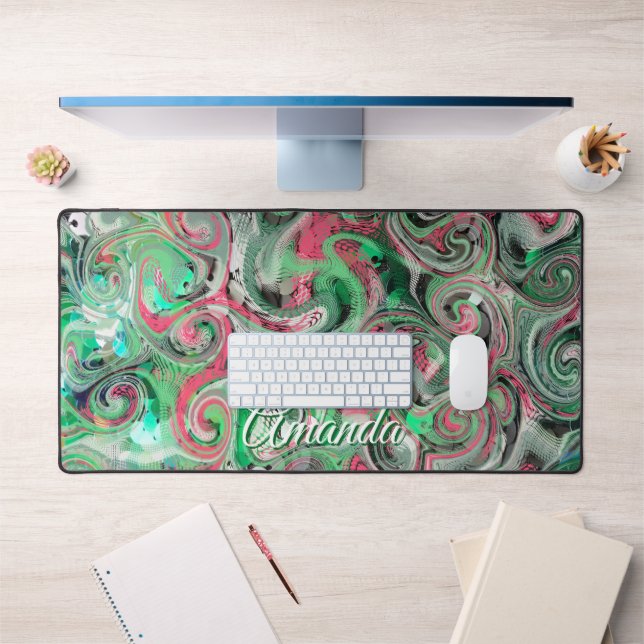 Monogram Marble Whimsical Cute Green Red Abstract Desk Mat (Office 1)