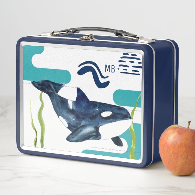 Monogram Marine Watercolor Orca Personalised Metal Lunch Box (In Situ)