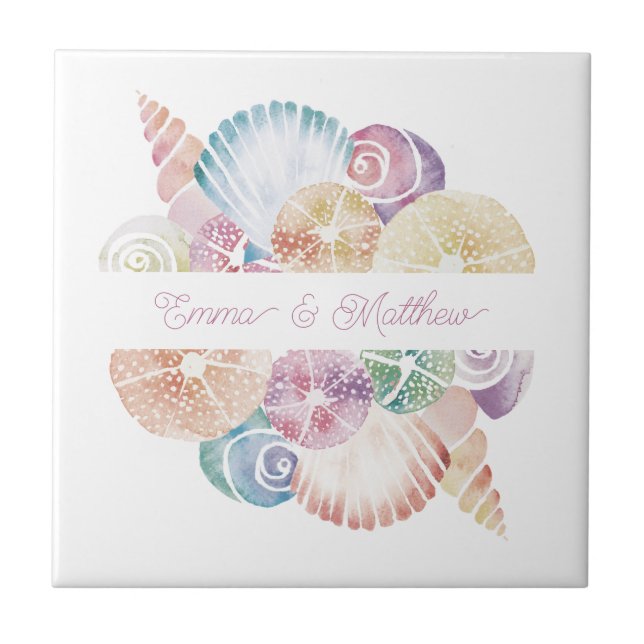 Monogram Marine Watercolor Sea Shells Wedding Logo Ceramic Tile (Front)