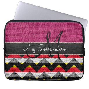 Monogram Maroon Red Chevron Zigzag Burlap Jute Laptop Sleeve