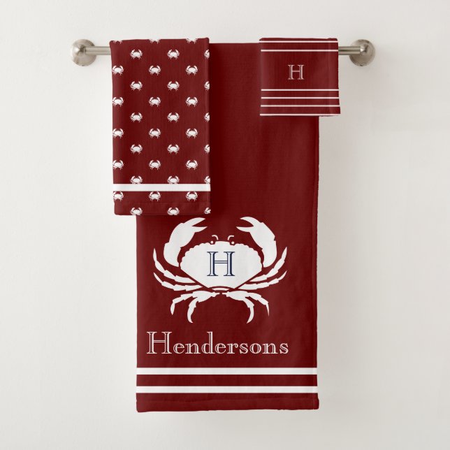 Monogram Maroon Red White Crab Nautical Bath Tow Bath Towel Set (Insitu)
