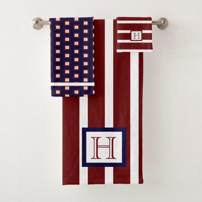 Monogram Maroon Red White Navy Blue Bath Towel Set (Insitu)