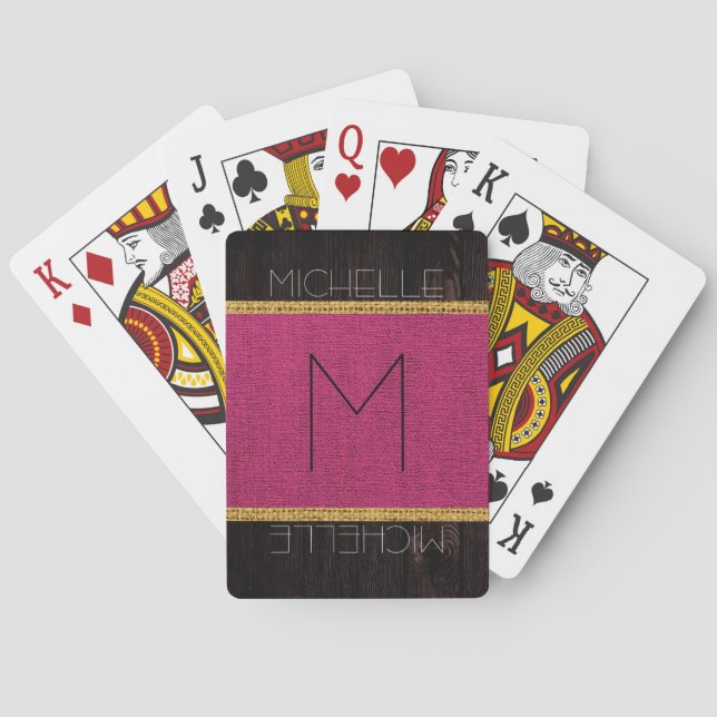 Monogram Maroon Rustic Burlap Wood Look Playing Cards (Back)