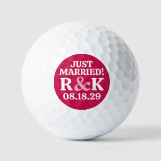 Monogram MARRIED Pink Ampersand Crimson Background Golf Balls