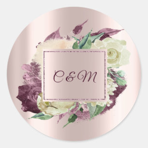 Monogram Marsala  Floral Ivory Mint Rose Gold Classic Round Sticker