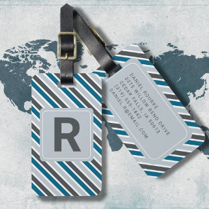 Monogram Masculine Modern Stripes Blue Grey Travel Luggage Tag