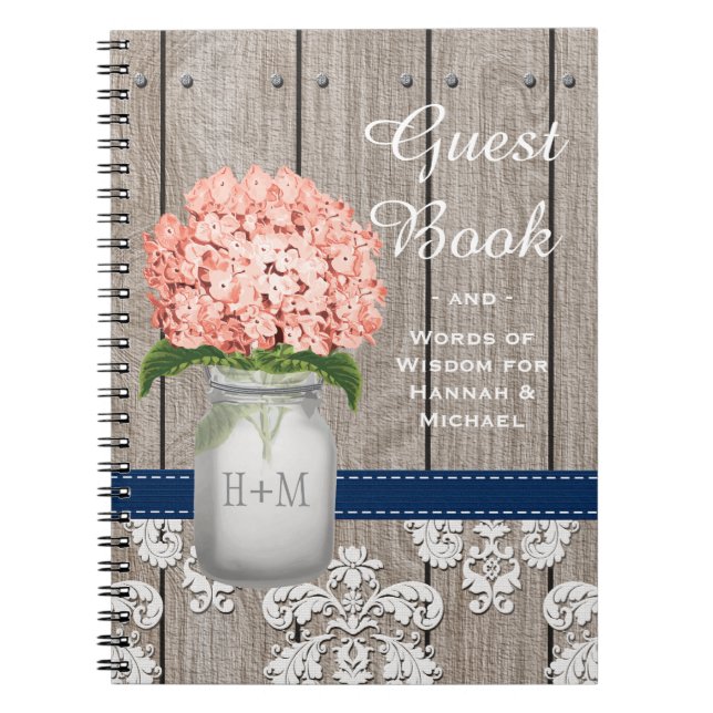 Monogram Mason Jar Coral Navy Hydrangea Guest Book (Front)