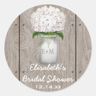 Monogram Mason Jar White Hydrangea Bridal Shower Classic Round Sticker