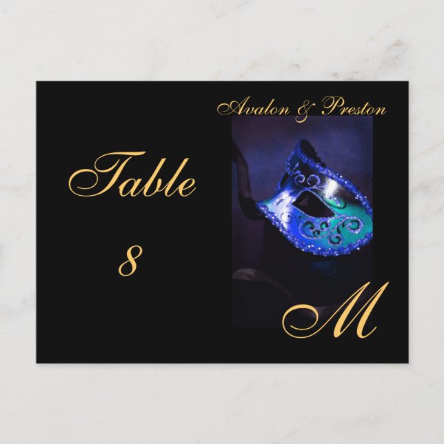 Monogram Masquerade Mask Blue Table Placecard Postcard (Front)