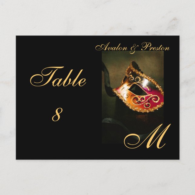 Monogram Masquerade Mask Gold Table Placecard Postcard (Front)