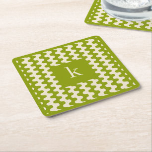 Monogram Matcha Lime Green Bold Wavy Pattern Square Paper Coaster