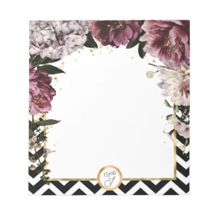 Monogram Mauve Flowers and Gold with Chevron Notepad
