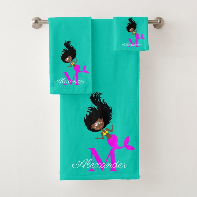 Monogram Mermaid African American Brown Black Girl Bath Towel Set (Insitu)