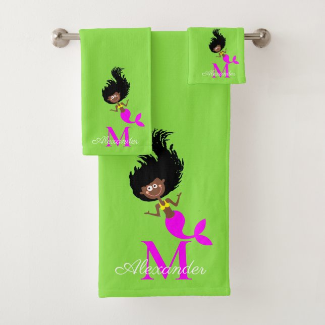 Monogram Mermaid African American Brown Black Girl Bath Towel Set (Insitu)