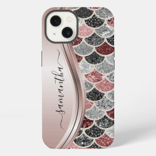 Monogram Mermaid Scale Glitter Pink Silver Name iPhone 13 Case