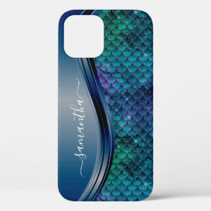 Monogram Mermaid Scale Purple Navy Blue iPhone 12 Case