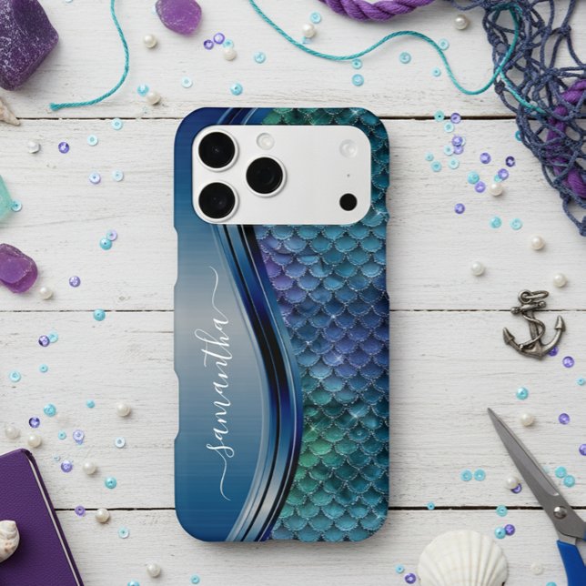 Monogram Mermaid Scale Purple Navy Blue Case-Mate iPhone Case (Creator Uploaded)
