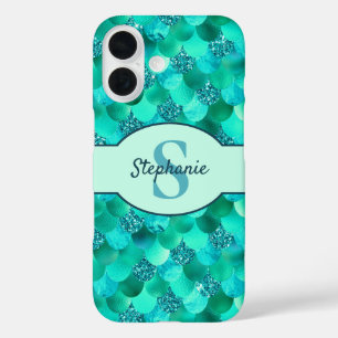 Monogram Mermaid Scales Sea Green Aqua Blue iPhone 16 Case