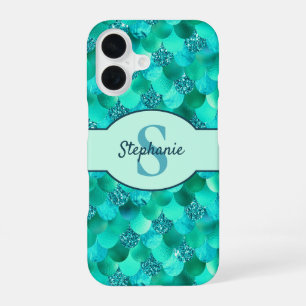 Monogram Mermaid Scales Sea Green Aqua Blue iPhone 16 Case