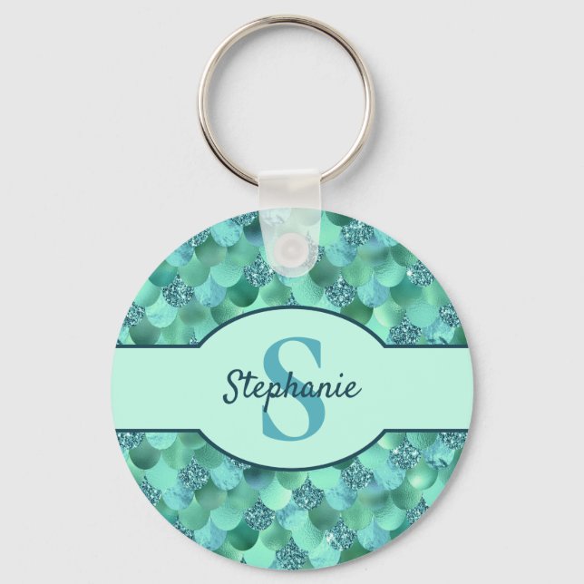 Monogram Mermaid Scales Sea Green Aqua Blue Key Ring (Front)