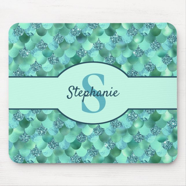 Monogram Mermaid Scales Sea Green Aqua Blue Mouse Pad (Front)