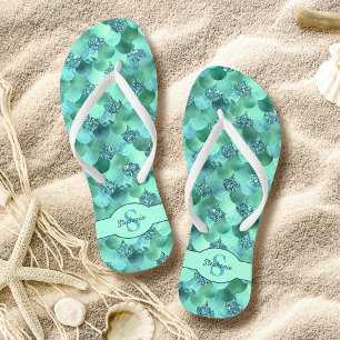 Monogram Mermaid Scales Sea Green Aqua Thongs