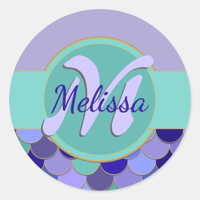 Monogram Mermaid Sheet of Stickers | Purple & Teal (Front)
