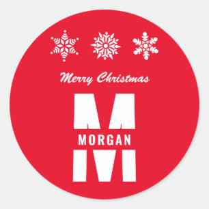 Monogram Merry Christmas Happy Holidays Red White Classic Round Sticker
