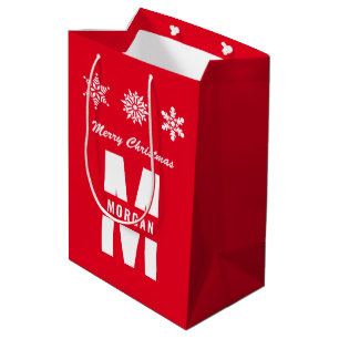 Monogram Merry Christmas Happy Holidays Red White Medium Gift Bag