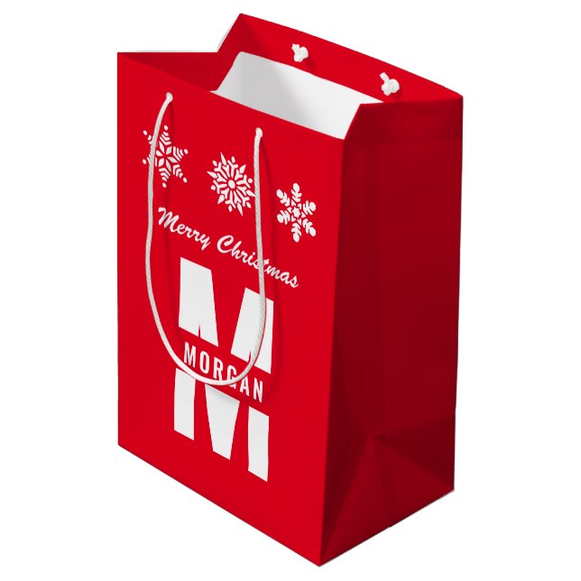 Monogram Merry Christmas Happy Holidays Red White Medium Gift Bag (Back Angled)