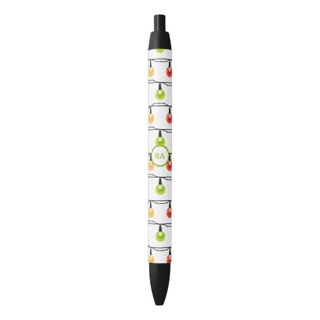 Monogram Merry Christmas Lights Red Green White Black Ink Pen (Front Vertical)