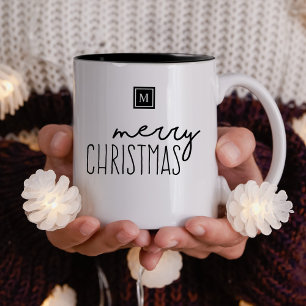 Monogram Merry Christmas Modern Typography Two-Tone Coffee Mug
