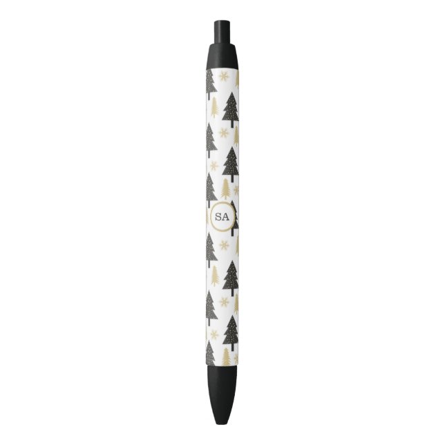 Monogram Merry Christmas Tree Snowflake Gold White Black Ink Pen (Front Vertical)
