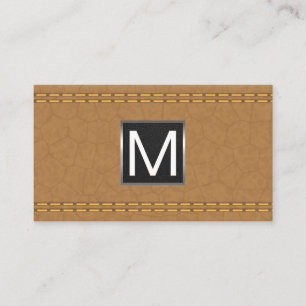 Monogram Metal Trim   Double Stitched Tan Leather Business Card