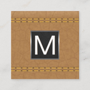 Monogram Metal Trim   Double Stitched Tan Leather Square Business Card