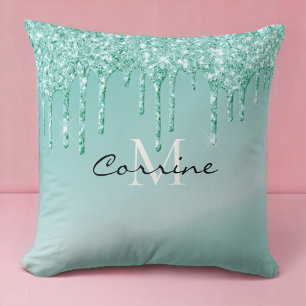 Monogram Metallic Aqua Blue Dripping Glitter Cushion