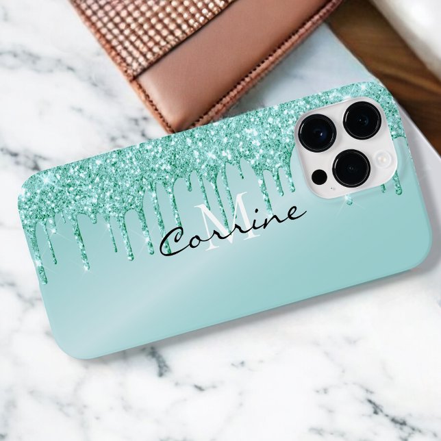 Monogram Metallic Aqua Blue Glitter Drip Android + iPhone Case (Creator Uploaded)