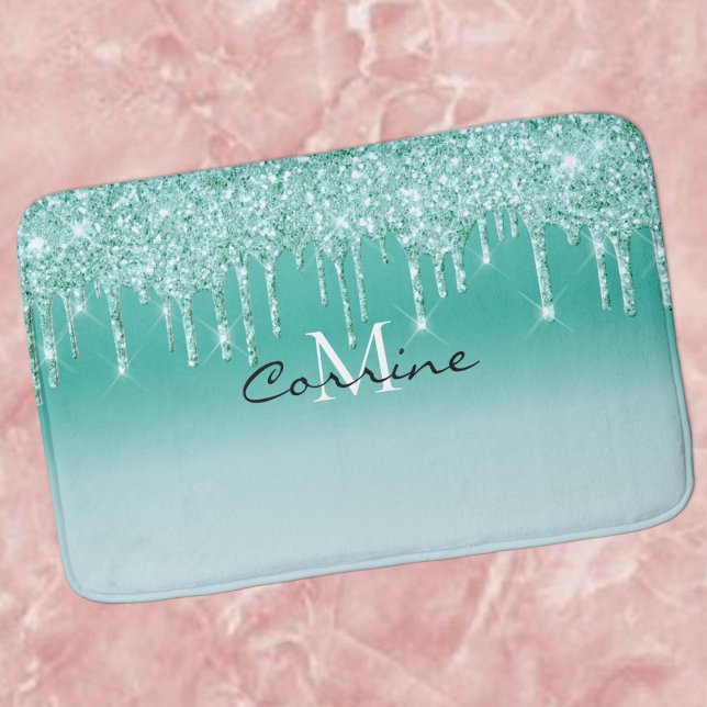 Monogram Metallic Aqua Blue Teal Glitter Dripping Bath Mat (Creator Uploaded)