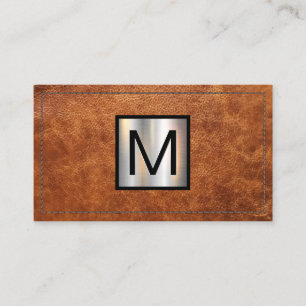 Monogram Metallic Banner Stitched Brown Leather Business Card