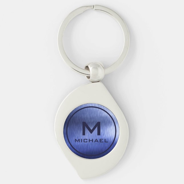 Monogram Metallic Blue Textured Personalised Name Key Ring (Front)