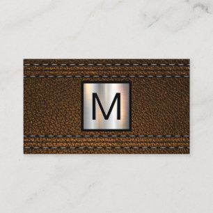 Monogram Metallic Double Stitched Brown Leather Business Card