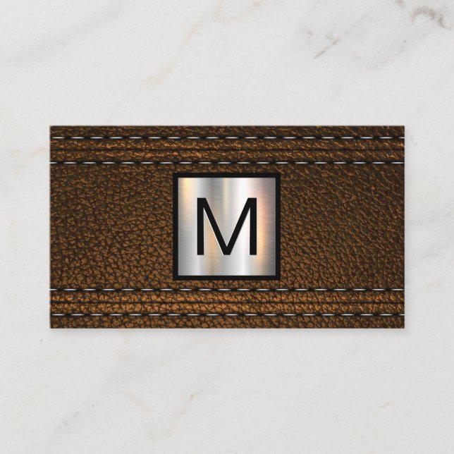 Monogram Metallic | Double Stitched Brown Leather Business Card (Front)