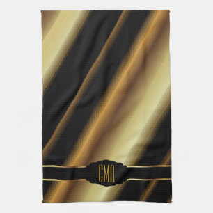 Monogram Metallic Gold Abstract Diagonal Stripes Tea Towel