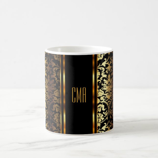 Monogram Metallic Gold and Black Damask Coffee Mug (Center)